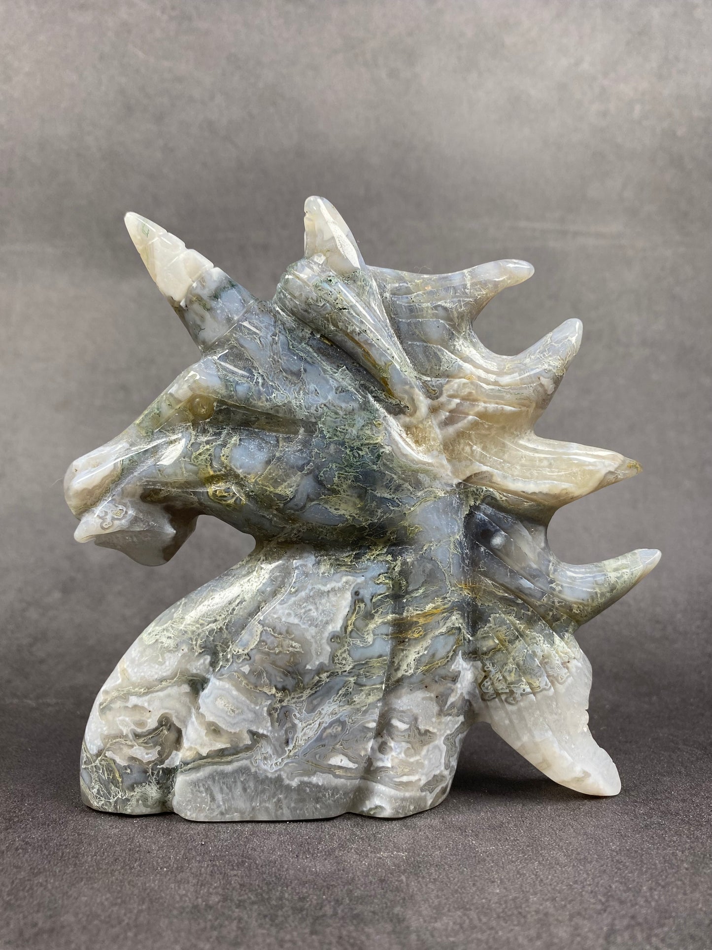 Moss Agate Unicorn Carving